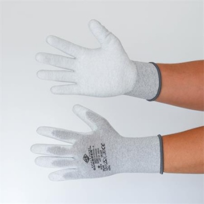 Védőkesztyű, karbonszálas, PU tenyerén mártott, XL méret, fehér-szürke